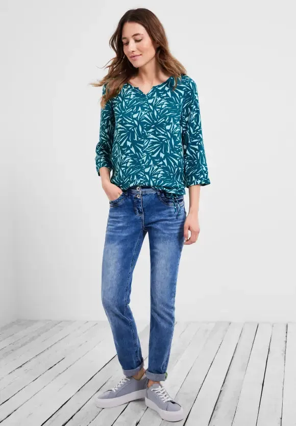 343843- 2 Tone Blouse w/ drawstring Hem- Teal Blue- Cecil