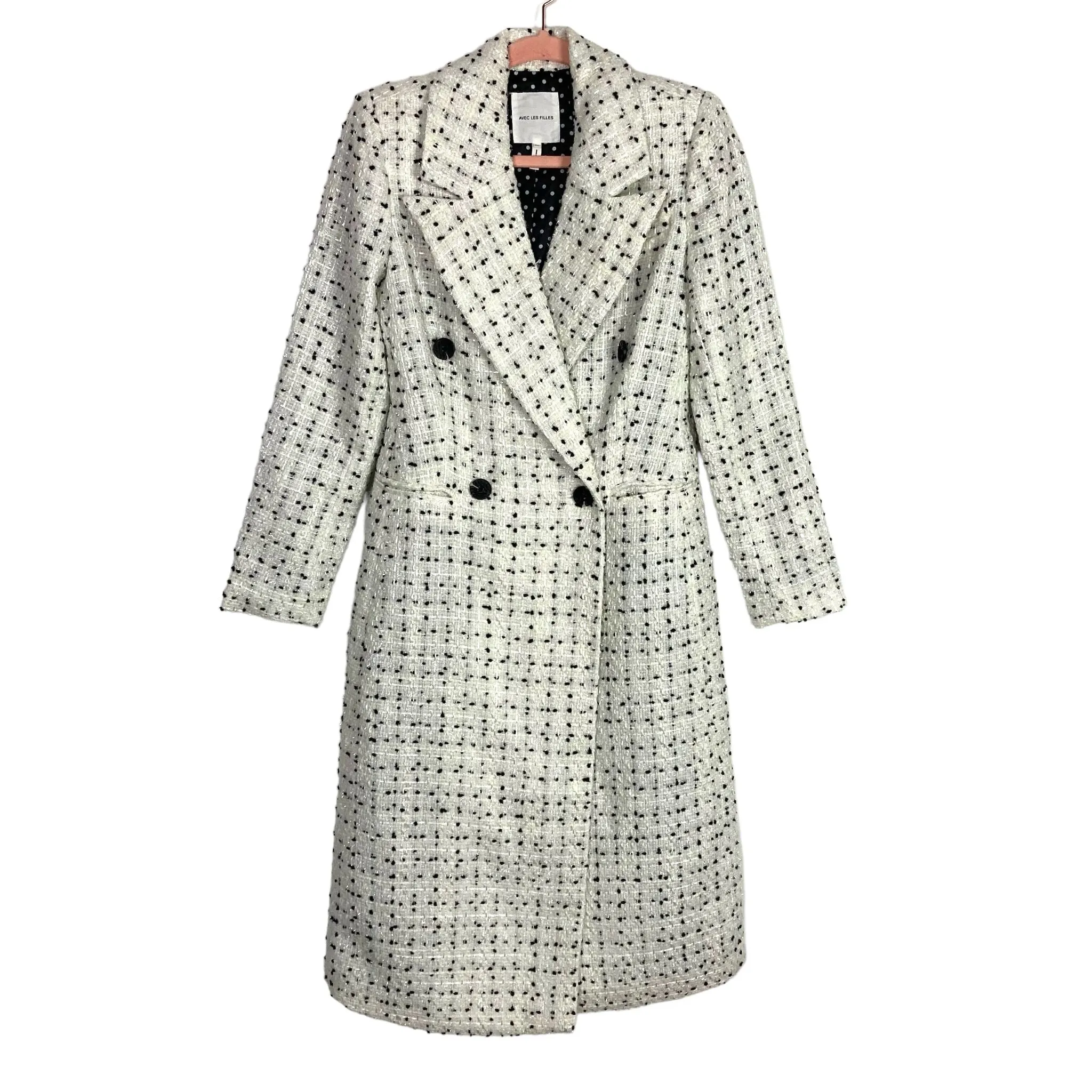 Avec Les Filles White and Black Tweed Button Front Coat- Size XS