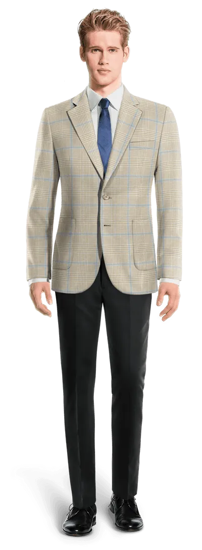 Beige prince of wales lightweight cotton-linen Suit Jacket with patched pockets