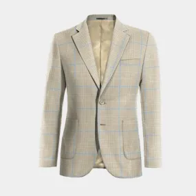 Beige prince of wales lightweight cotton-linen Suit Jacket with patched pockets