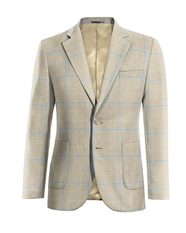 Beige prince of wales lightweight cotton-linen Suit Jacket with patched pockets