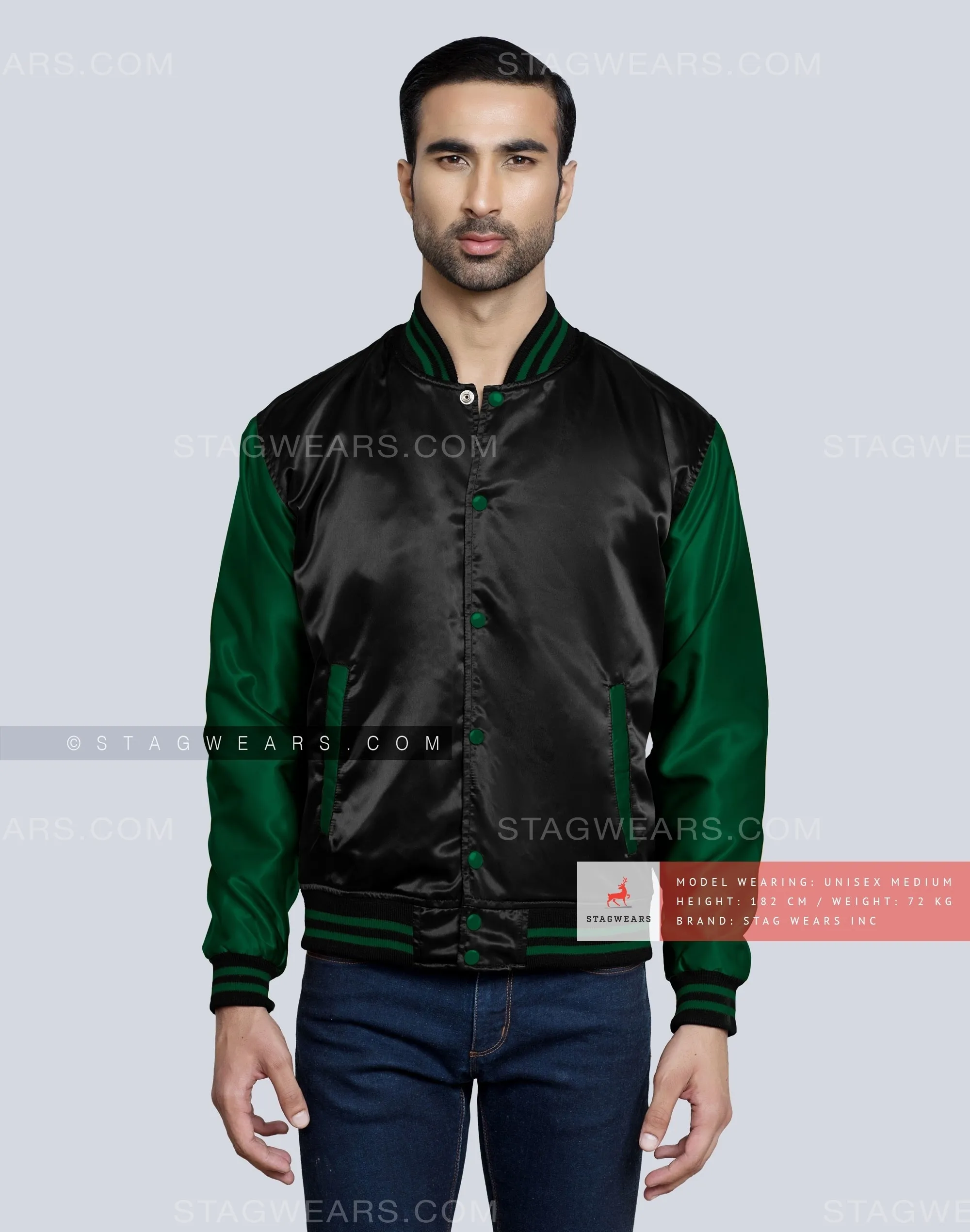 Black body with Forest Green Sleeves Satin Varsity Jackets