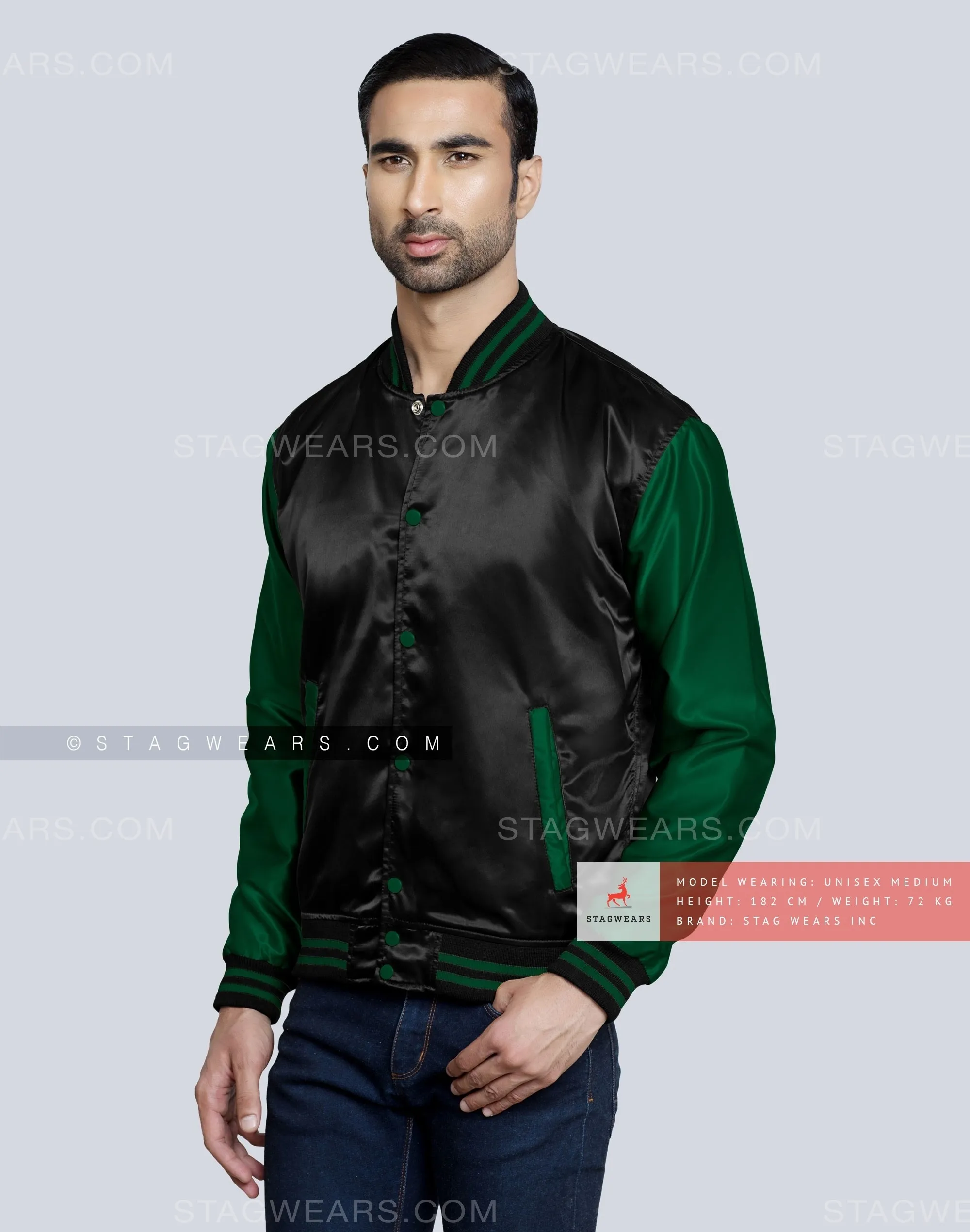 Black body with Forest Green Sleeves Satin Varsity Jackets