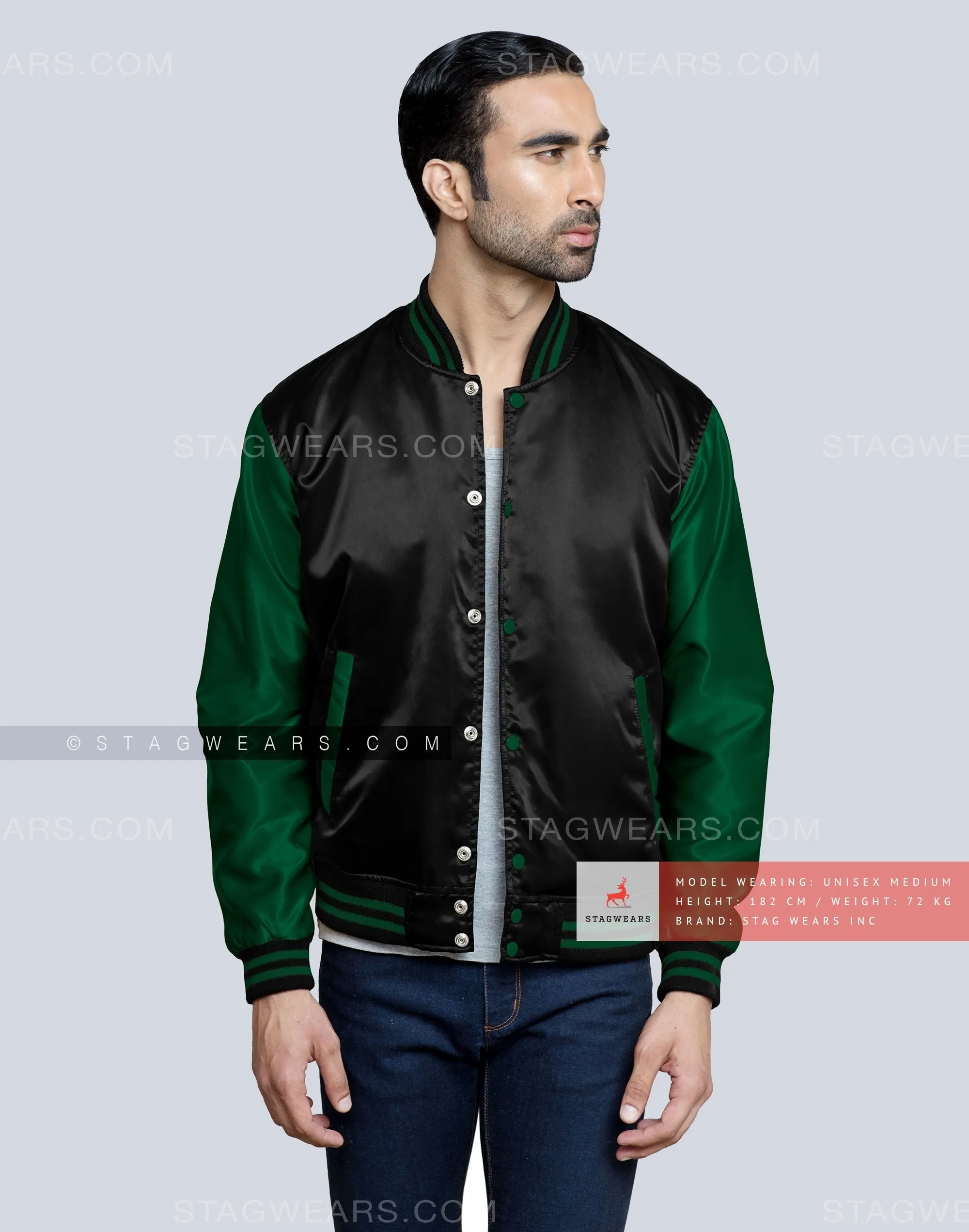 Black body with Forest Green Sleeves Satin Varsity Jackets