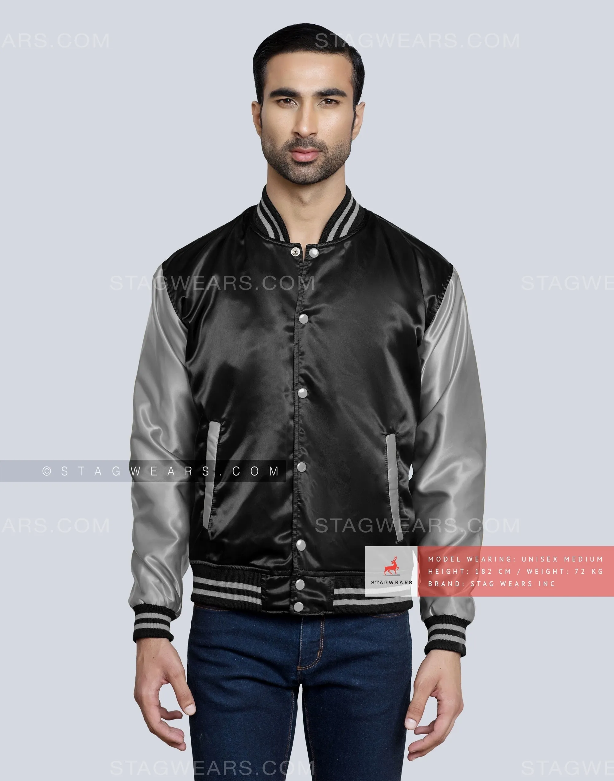 Black body with Grey Sleeves Satin Baseball Jackets