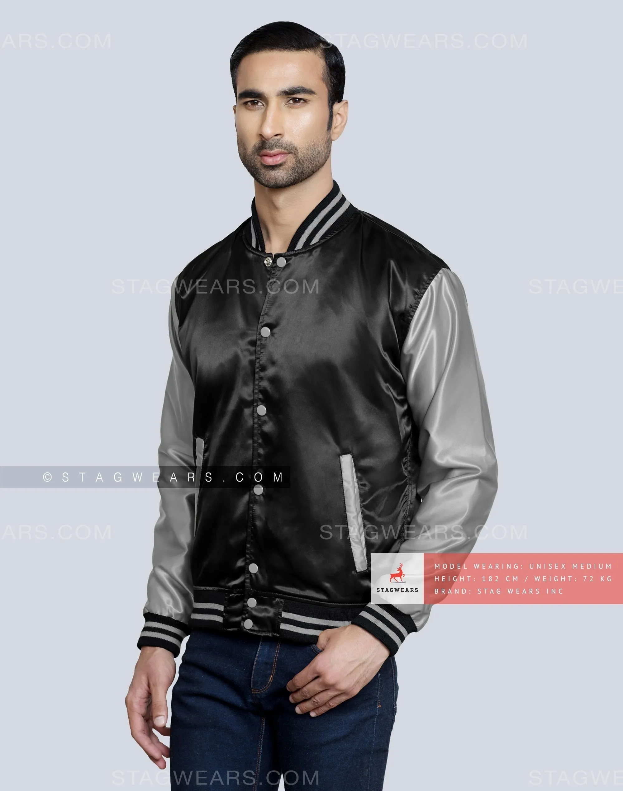 Black body with Grey Sleeves Satin Baseball Jackets