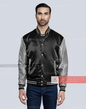 Black body with Grey Sleeves Satin Baseball Jackets