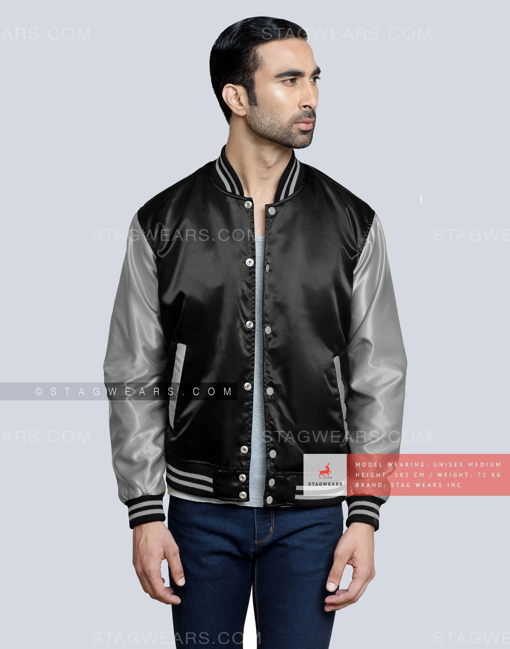 Black body with Grey Sleeves Satin Baseball Jackets