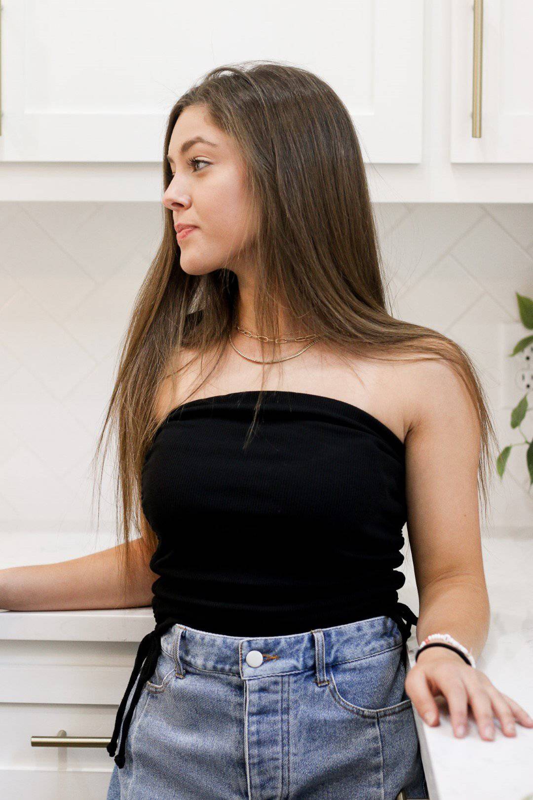 Black Ribbed Synched Tube Top