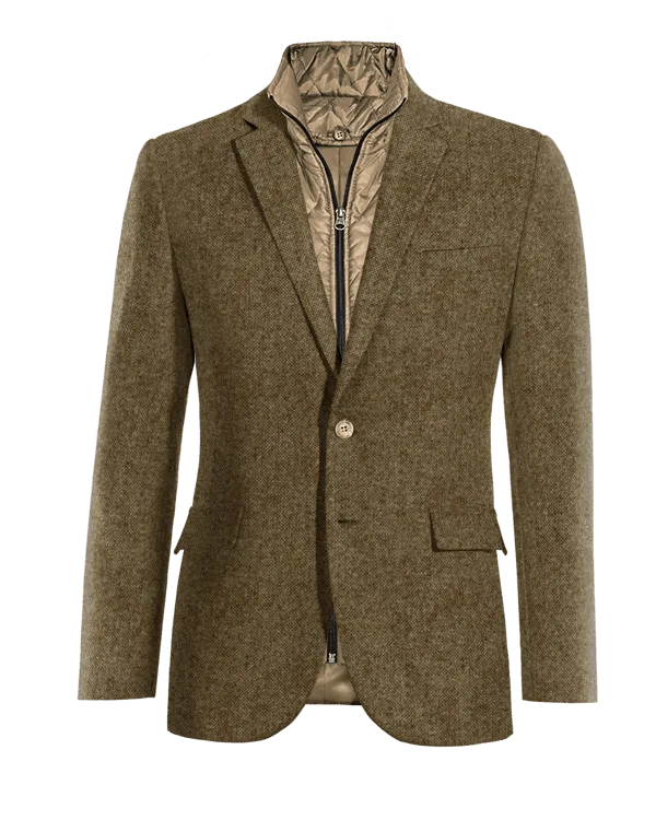 Brown donegal tweed essential Jacket with patched pockets with padded waistcoat piece