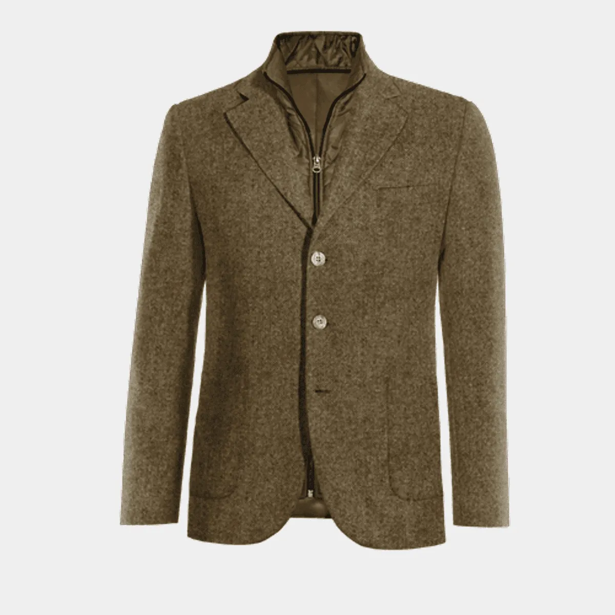 Brown donegal tweed wide lapel Jacket with patched pockets with padded gilet piece