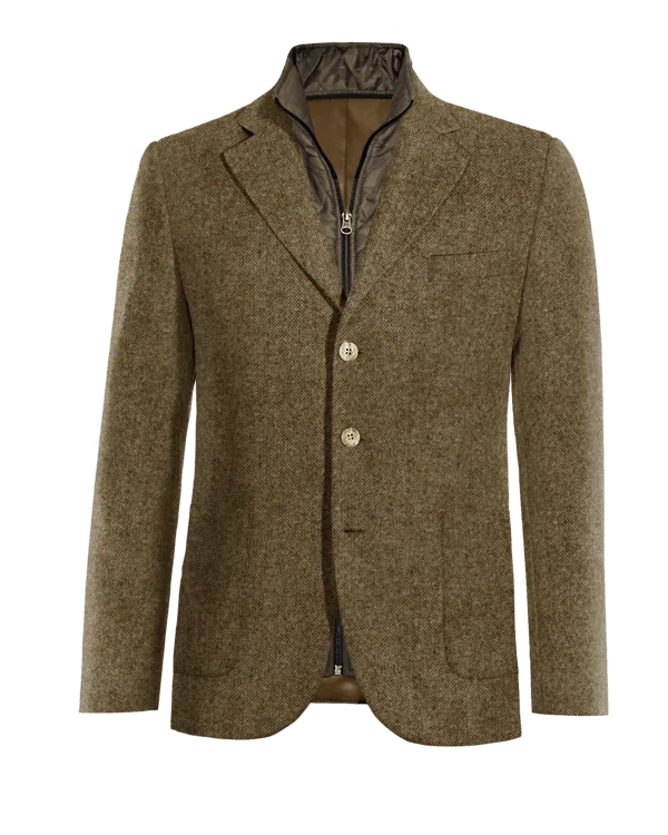 Brown donegal tweed wide lapel Jacket with patched pockets with padded gilet piece