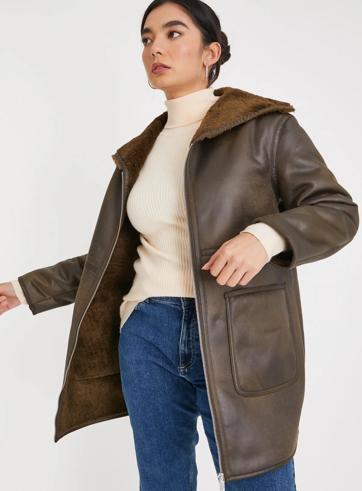 Buy Brown Faux Leather Aviator Coat M | Jackets | Tu