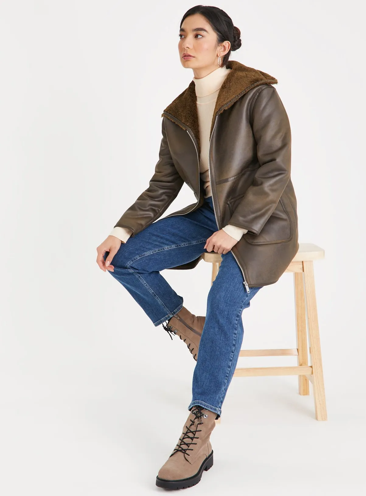 Buy Brown Faux Leather Aviator Coat M | Jackets | Tu