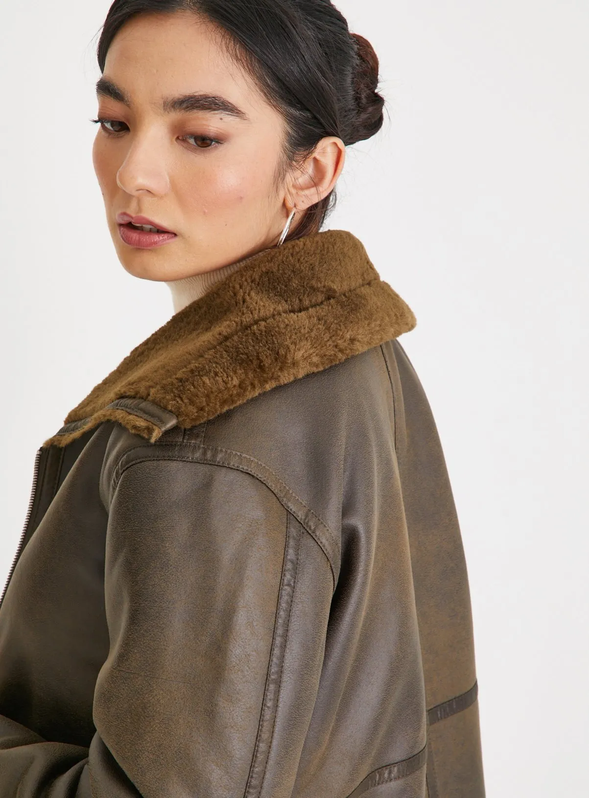 Buy Brown Faux Leather Aviator Coat M | Jackets | Tu