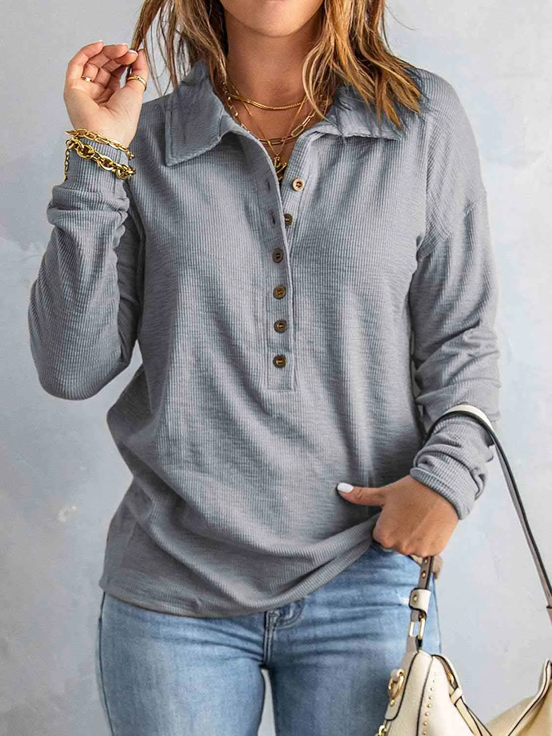 Collared Neck Half Button Top