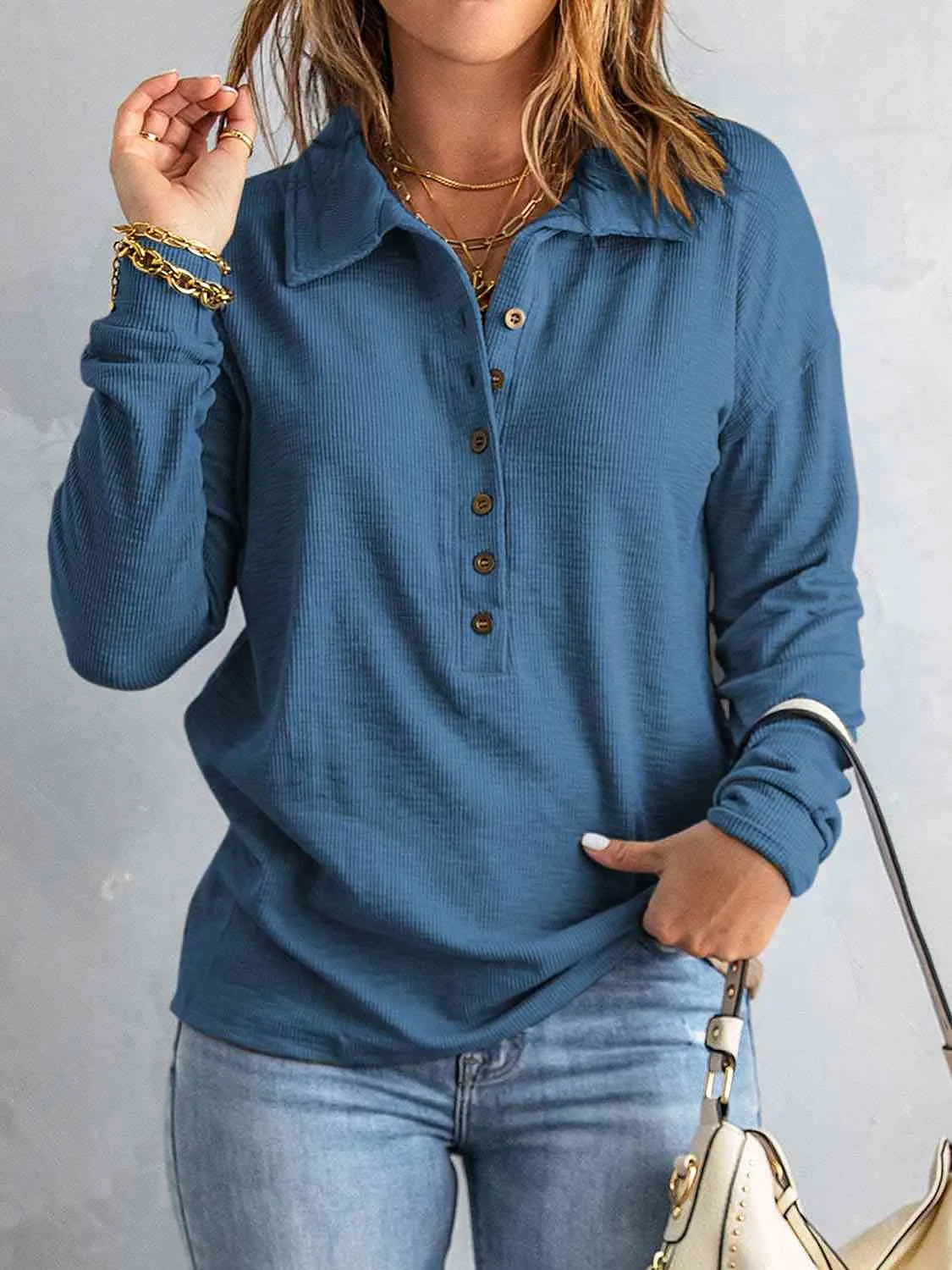 Collared Neck Half Button Top