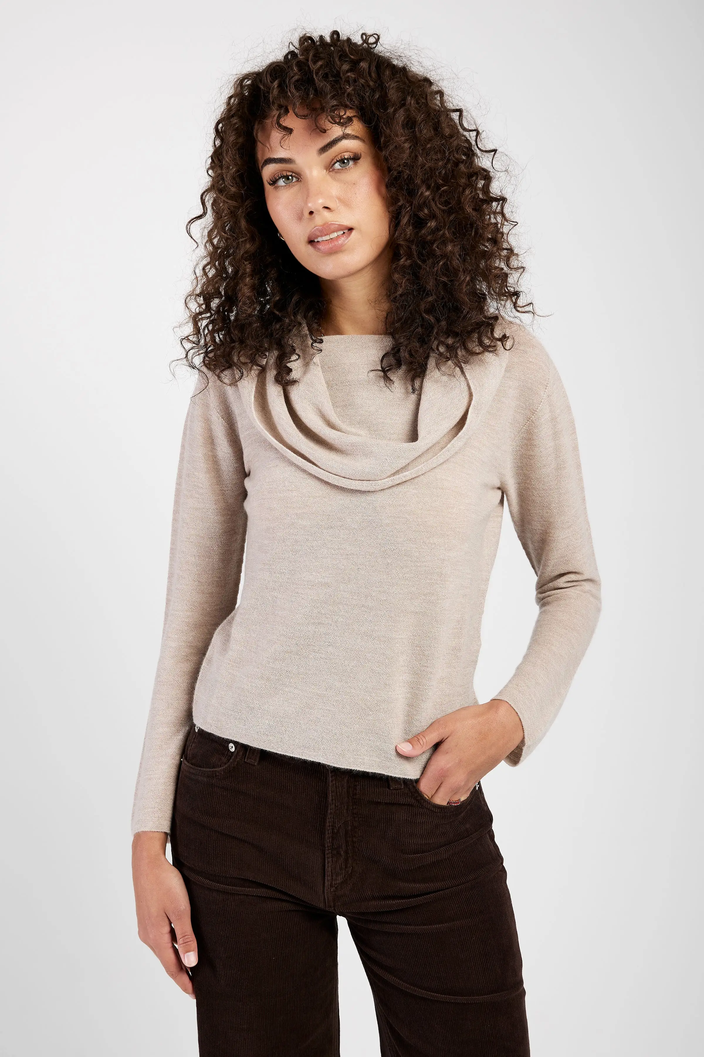 Cowl Neck Cashmere Sweater in Beige