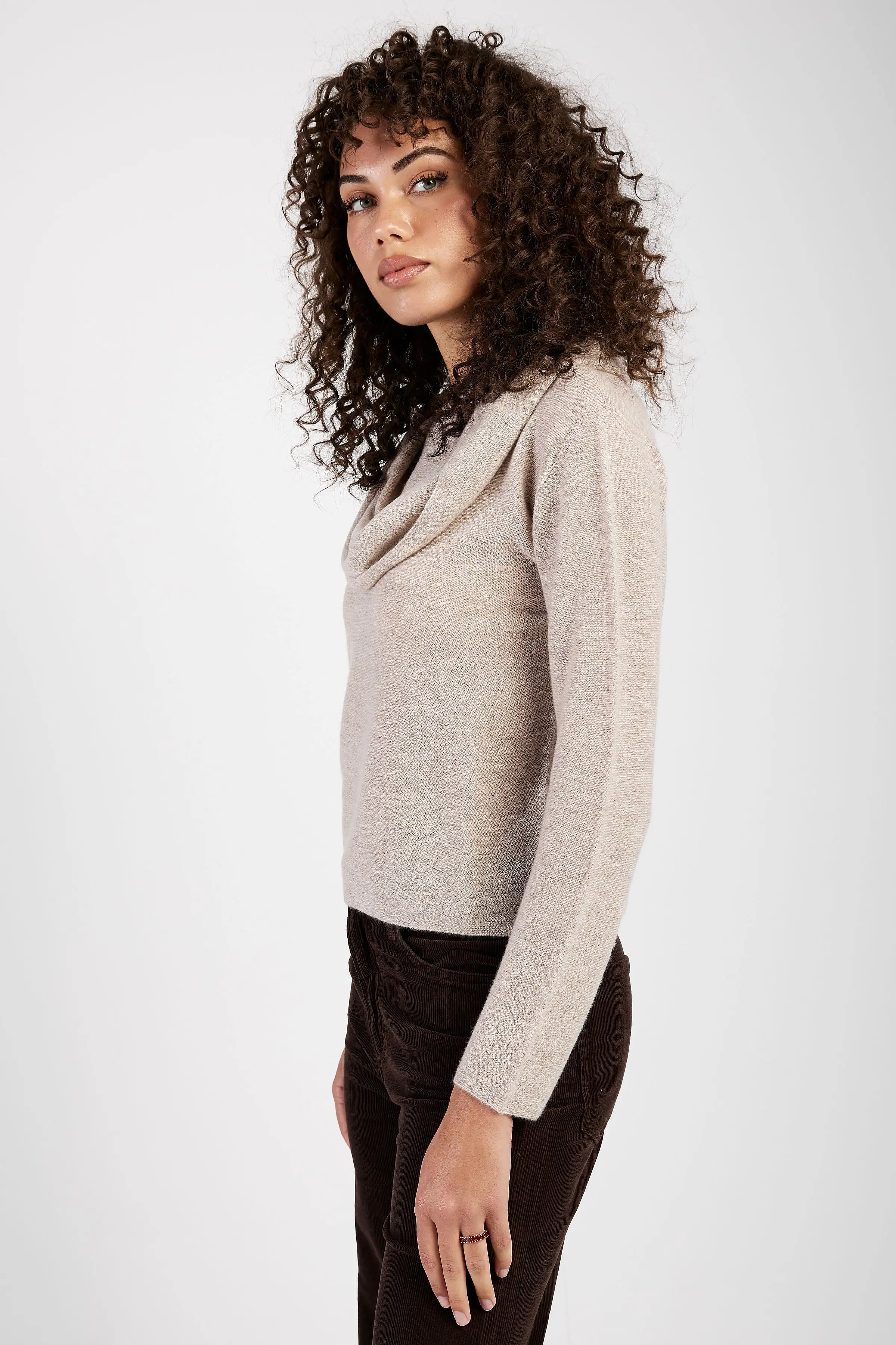 Cowl Neck Cashmere Sweater in Beige