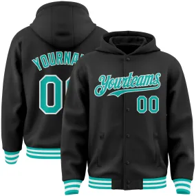 Custom Black Aqua-White Bomber Full-Snap Varsity Letterman Hoodie Jacket