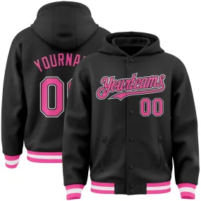 Custom Black Pink-White Bomber Full-Snap Varsity Letterman Hoodie Jacket