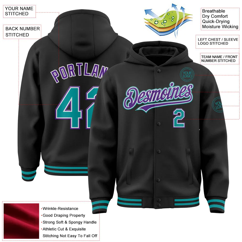 Custom Black Teal-Purple Bomber Full-Snap Varsity Letterman Hoodie Jacket