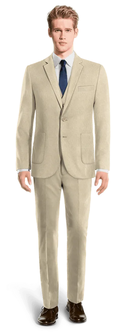 Dark beige linen essential 3 piece Suit with patched pockets