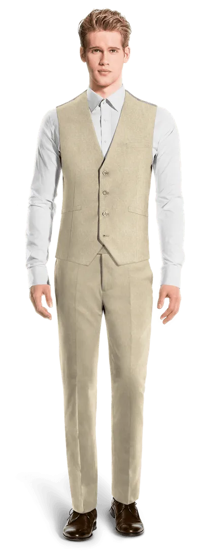 Dark beige linen essential 3 piece Suit with patched pockets