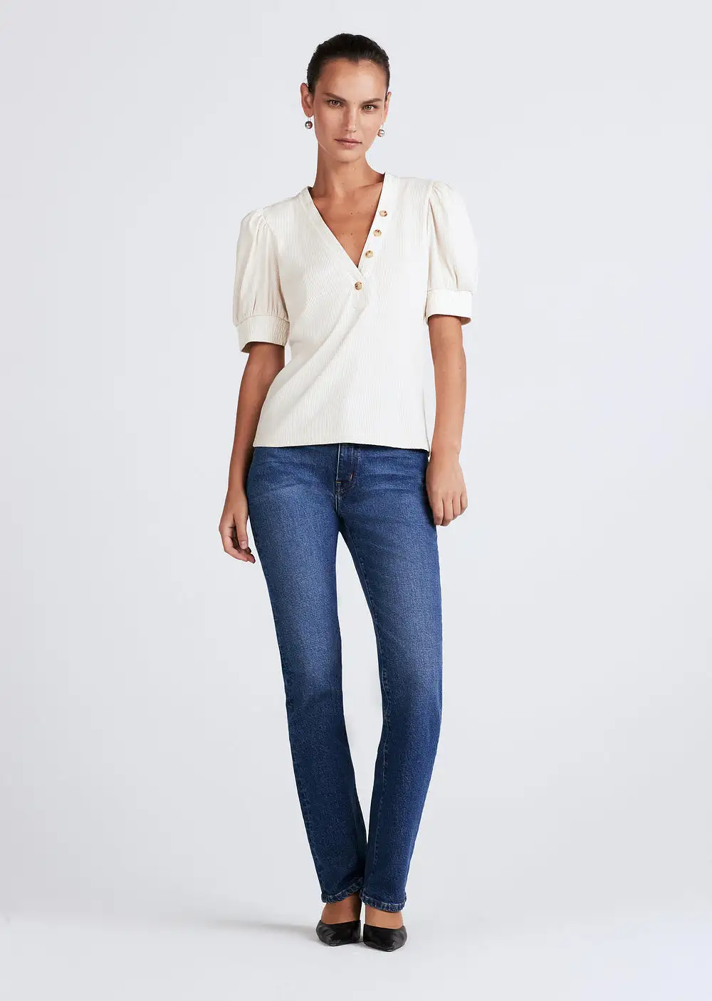 Derek Lam Heather V-Neck Puff Sleeve Tee