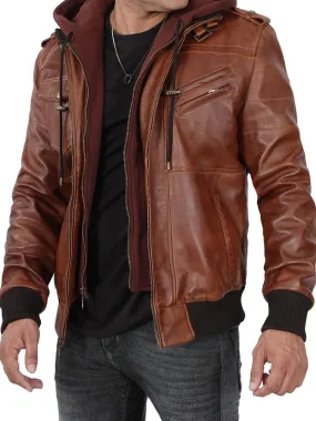 Edinburgh Mens Brown Tall Bomber Leather Jacket With Removable Hood