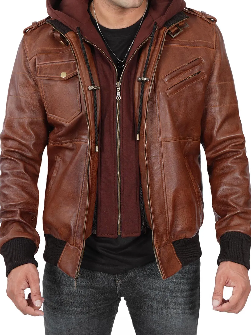 Edinburgh Mens Brown Tall Bomber Leather Jacket With Removable Hood