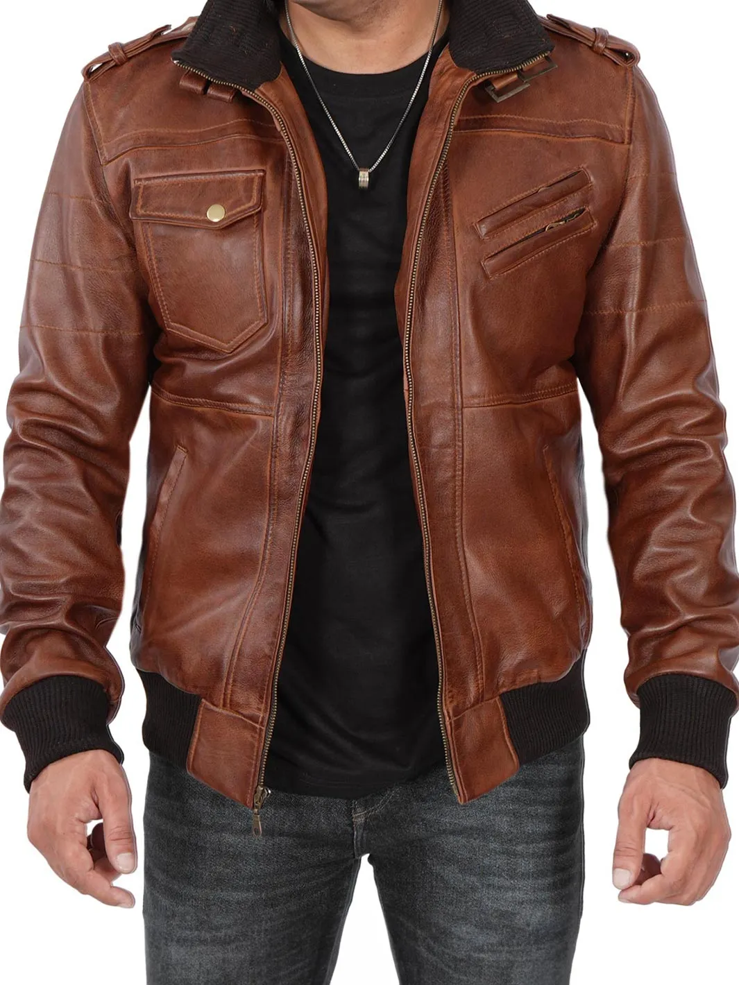 Edinburgh Mens Brown Tall Bomber Leather Jacket With Removable Hood