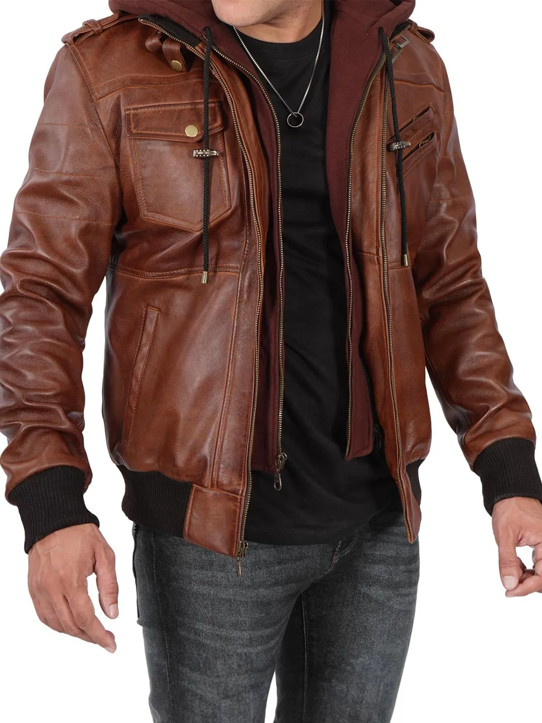 Edinburgh Mens Brown Tall Bomber Leather Jacket With Removable Hood