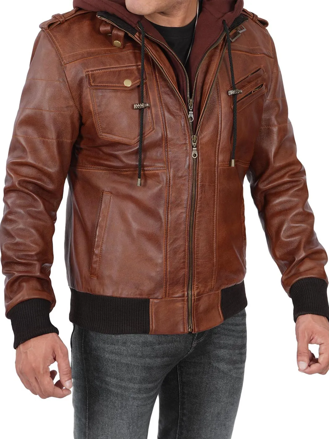 Edinburgh Mens Brown Tall Bomber Leather Jacket With Removable Hood