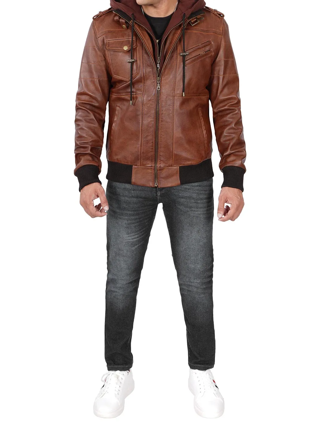 Edinburgh Mens Brown Tall Bomber Leather Jacket With Removable Hood