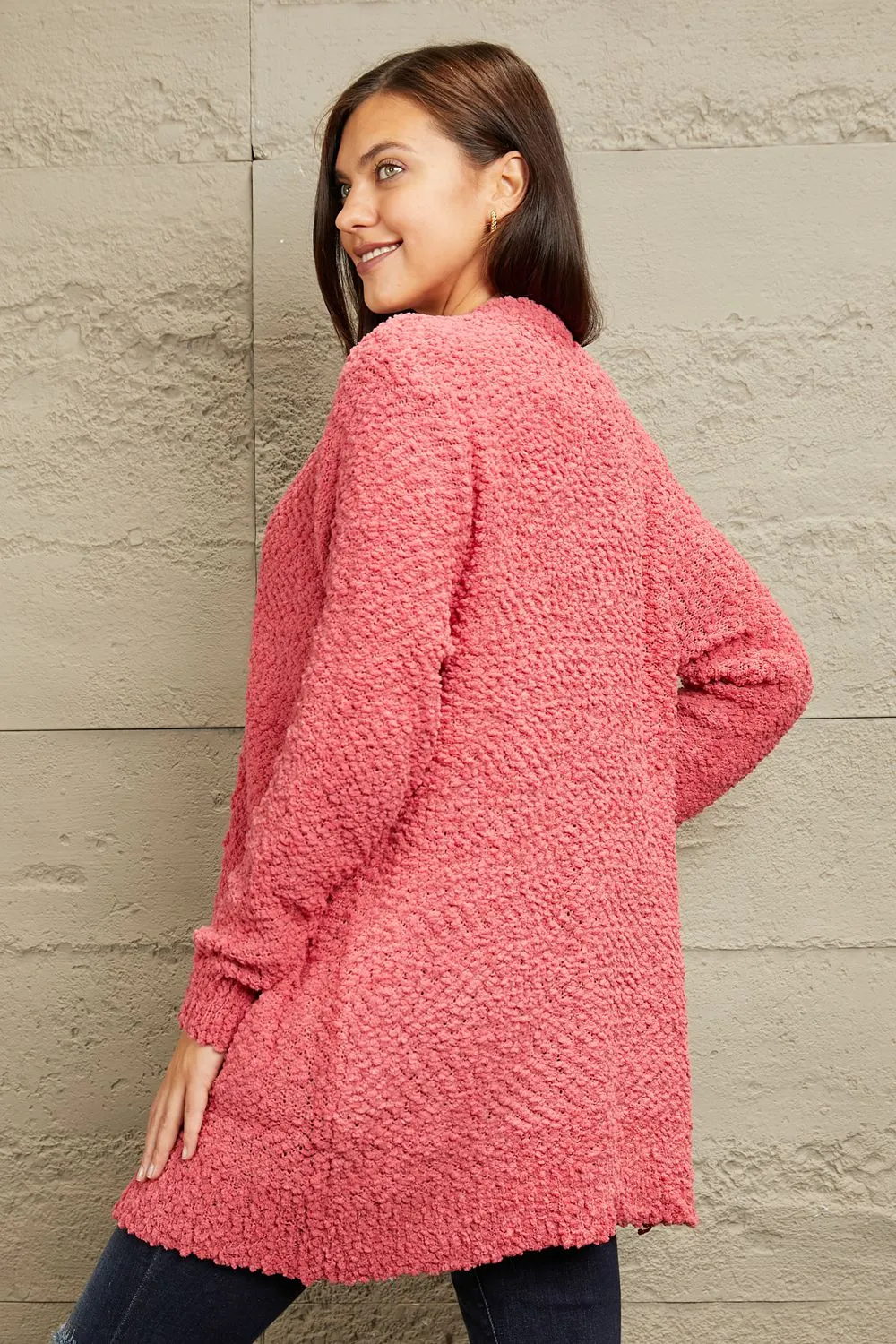 Falling For You Open Front Popcorn Cardigan in Strawberry