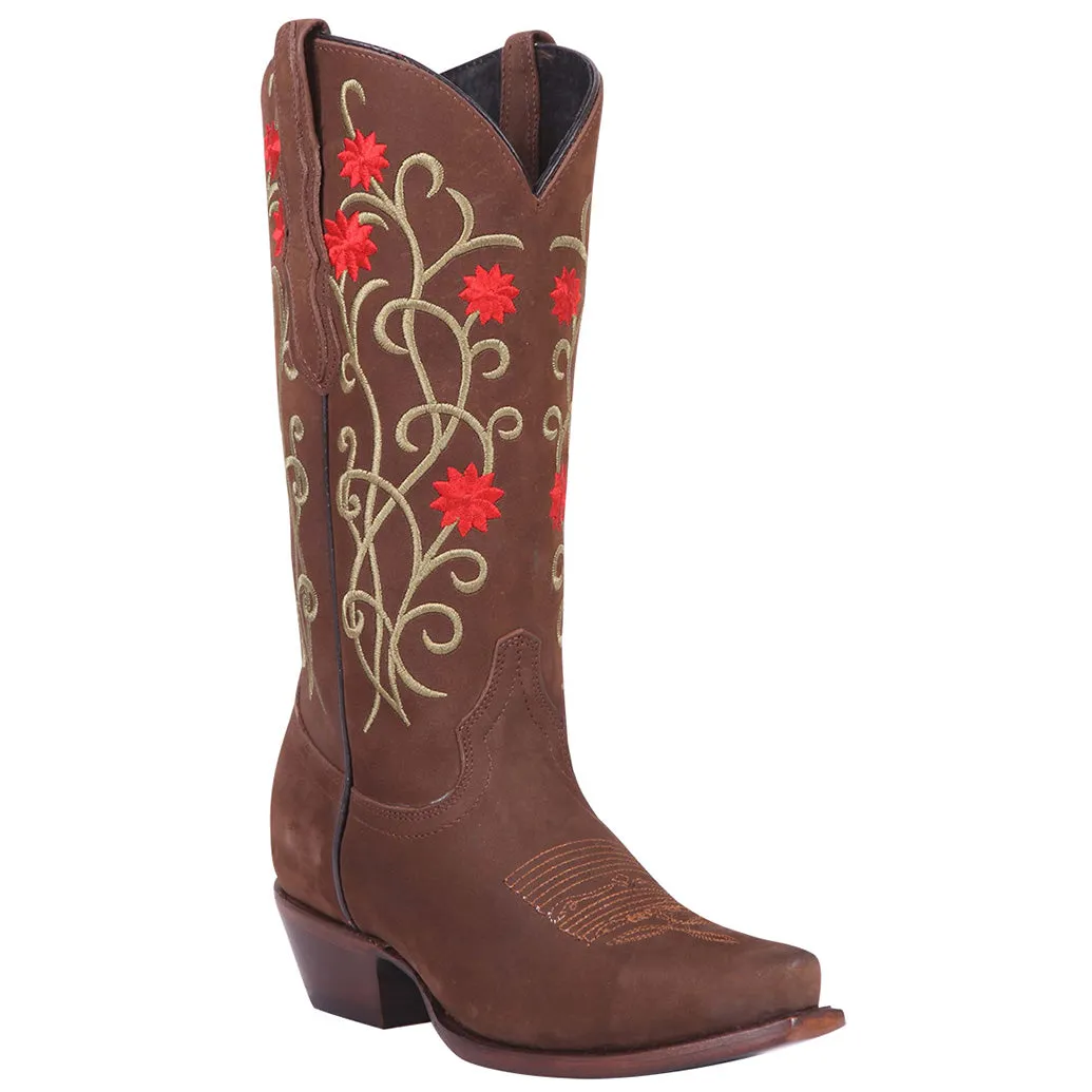 Flower Suede Snip Toe Cowgirl Boots