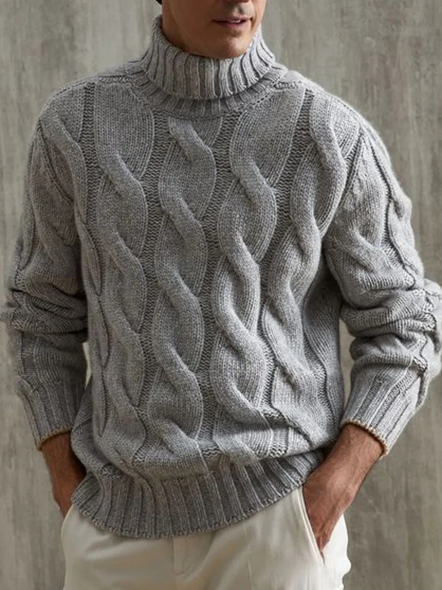 Gray Versatile Turtleneck Cable Knitted Pullover Sweater