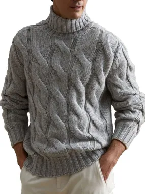 Gray Versatile Turtleneck Cable Knitted Pullover Sweater