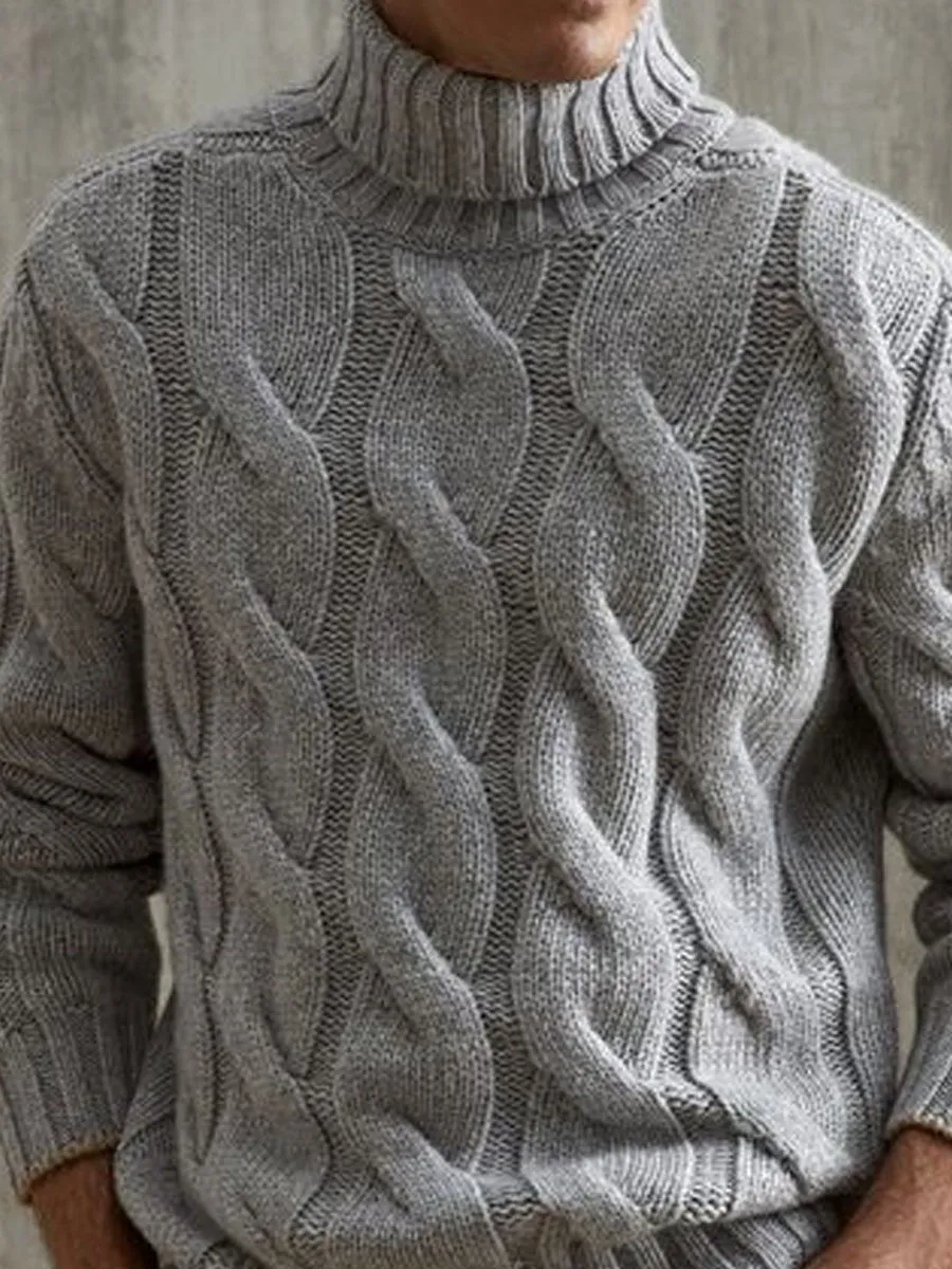 Gray Versatile Turtleneck Cable Knitted Pullover Sweater