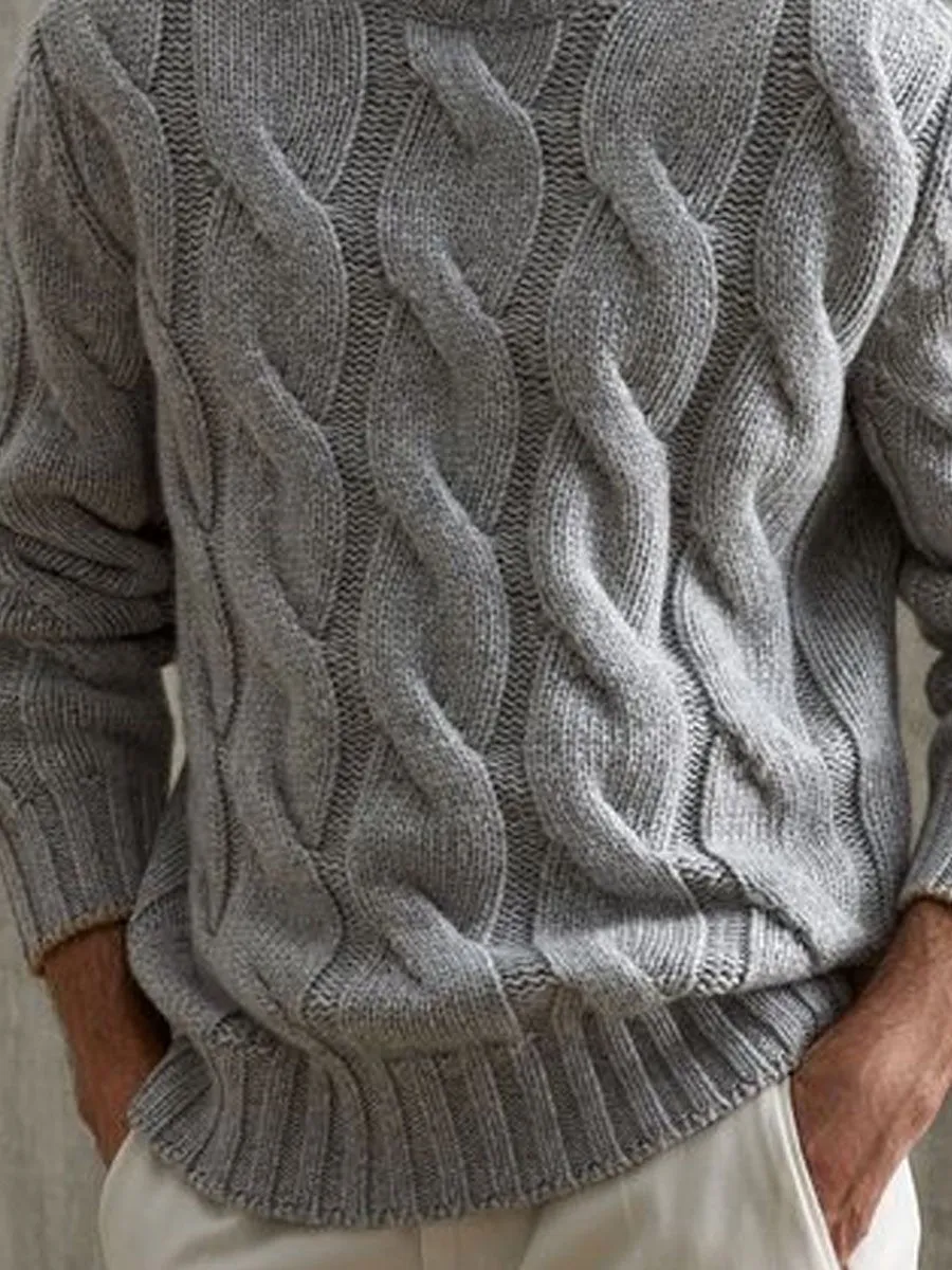 Gray Versatile Turtleneck Cable Knitted Pullover Sweater