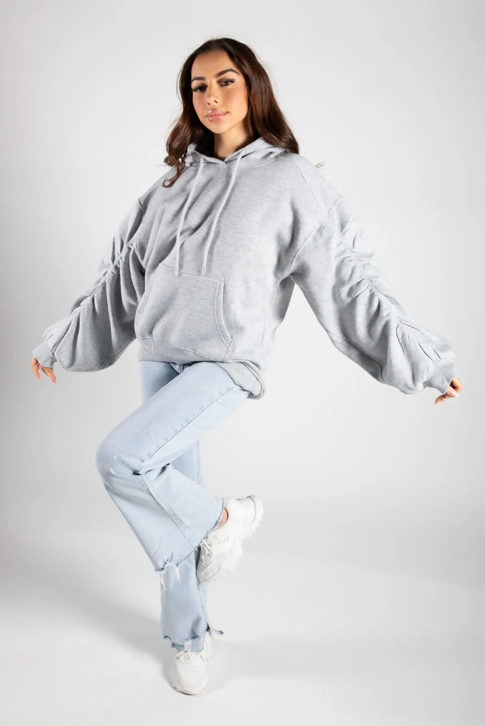 Grey Oversized Ruched Sleeves Hoodie 