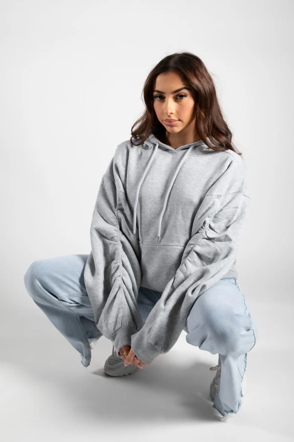 Grey Oversized Ruched Sleeves Hoodie 