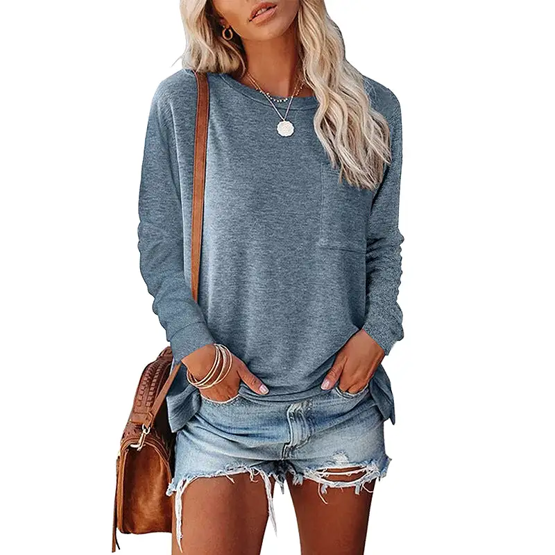 Haute Edition Long Sleeve Heather Round Neck Top with Pocket