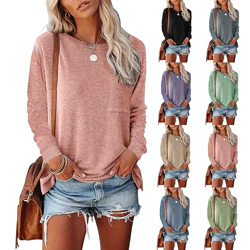 Haute Edition Long Sleeve Heather Round Neck Top with Pocket