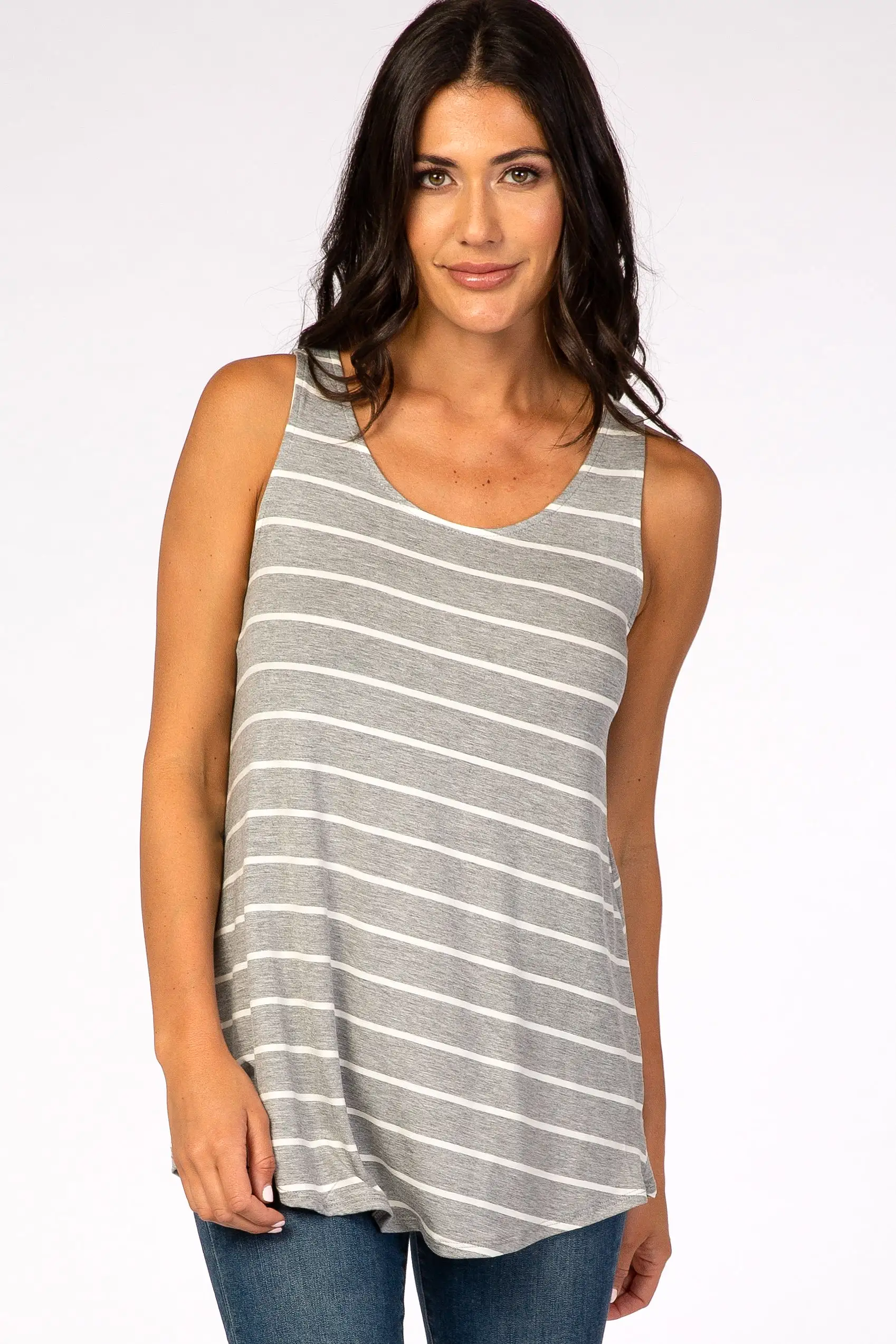 Heather Grey Striped Round Neck Maternity Tank Top