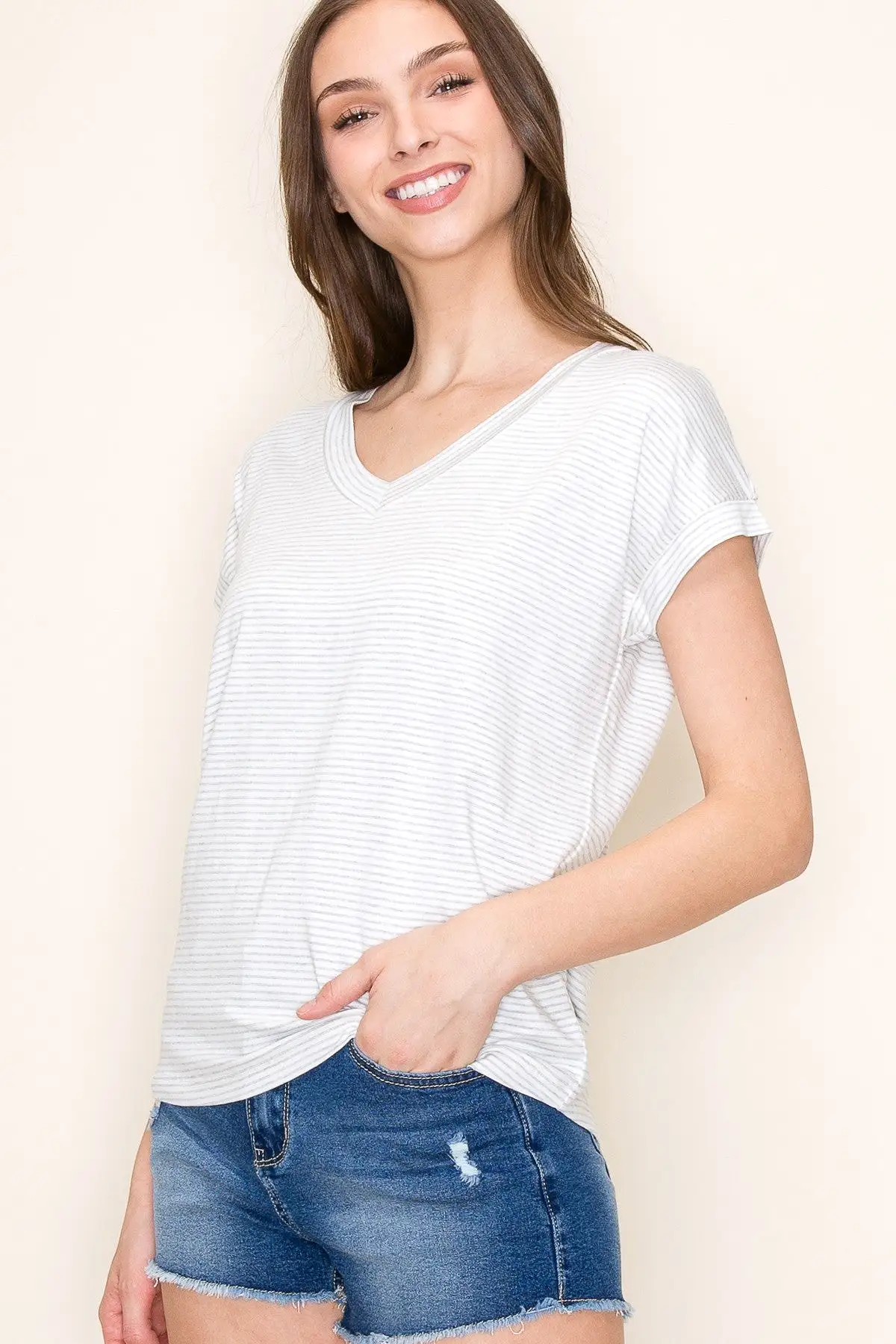 Heather Grey Striped V-Neck Maternity Short Sleeve Top