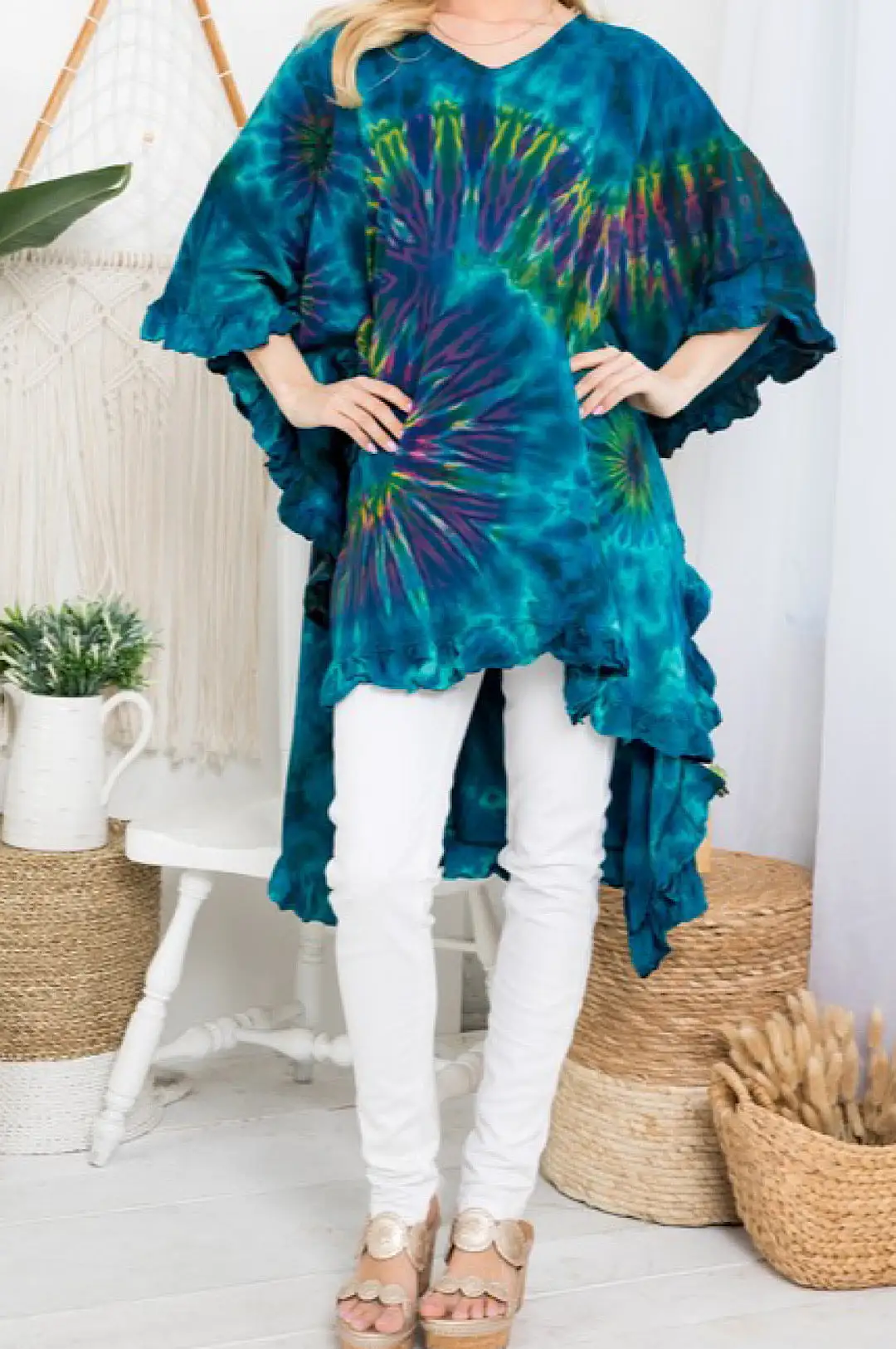 High Low Side Ruffle Tie Dye Top