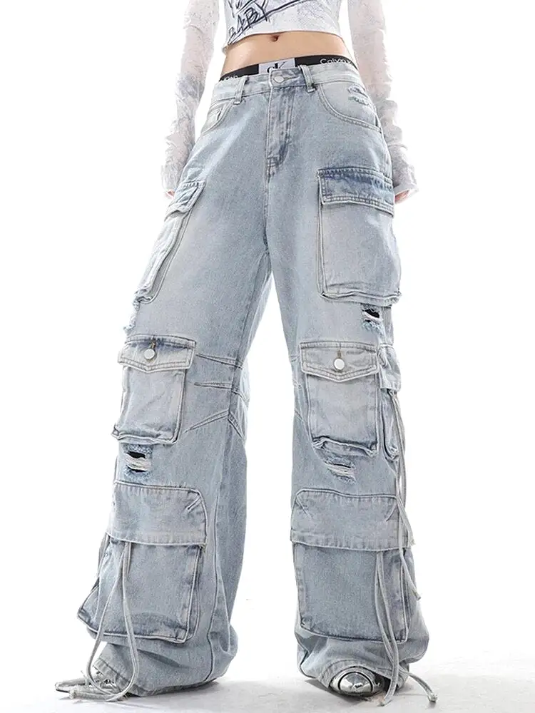 Innovative Women's Jeans Wash Vintage Straight Denim Cargo Pants Autumn 2023 New