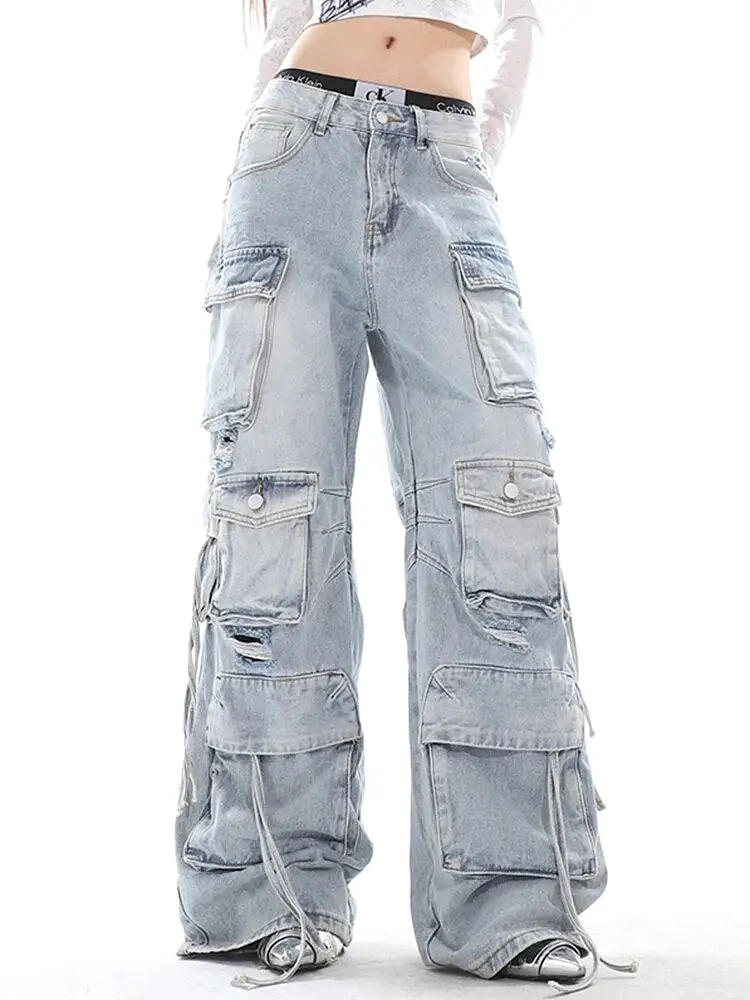 Innovative Women's Jeans Wash Vintage Straight Denim Cargo Pants Autumn 2023 New